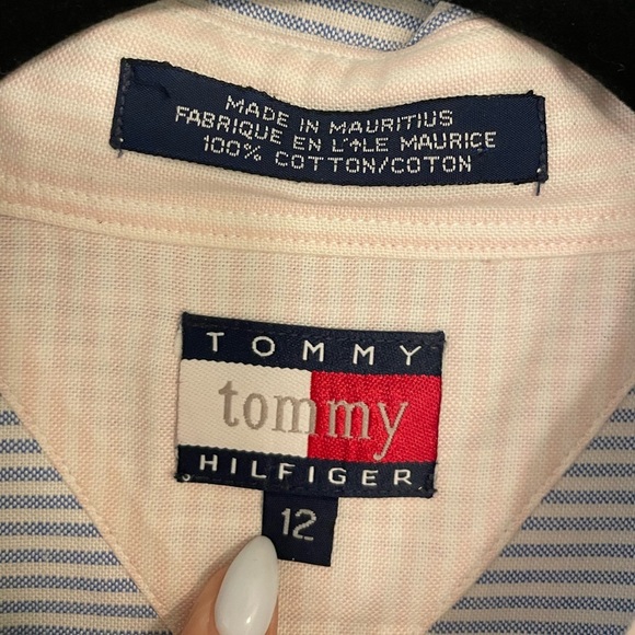 Vintage Tommy Hilfiger Blue and White Stripe Cotton Button Down Shirt, Size 12 - Picture 3 of 6